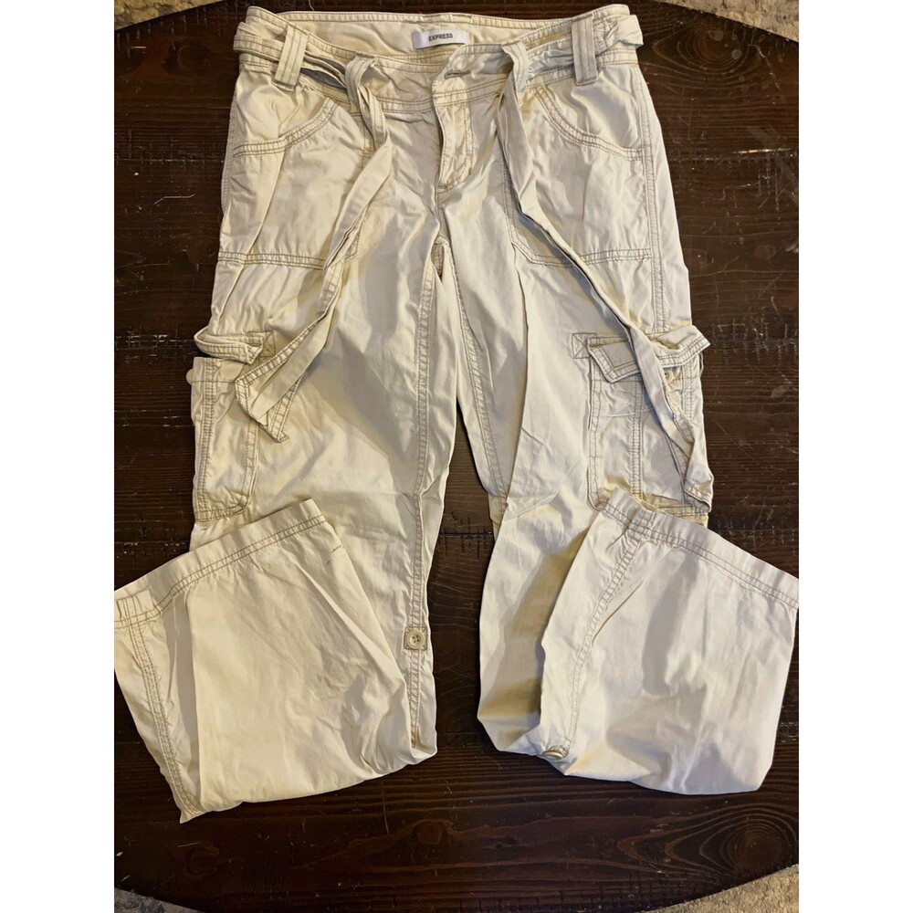 Express Women's Beige Solid Cargo Pants Pockets Button Closure Flat Front